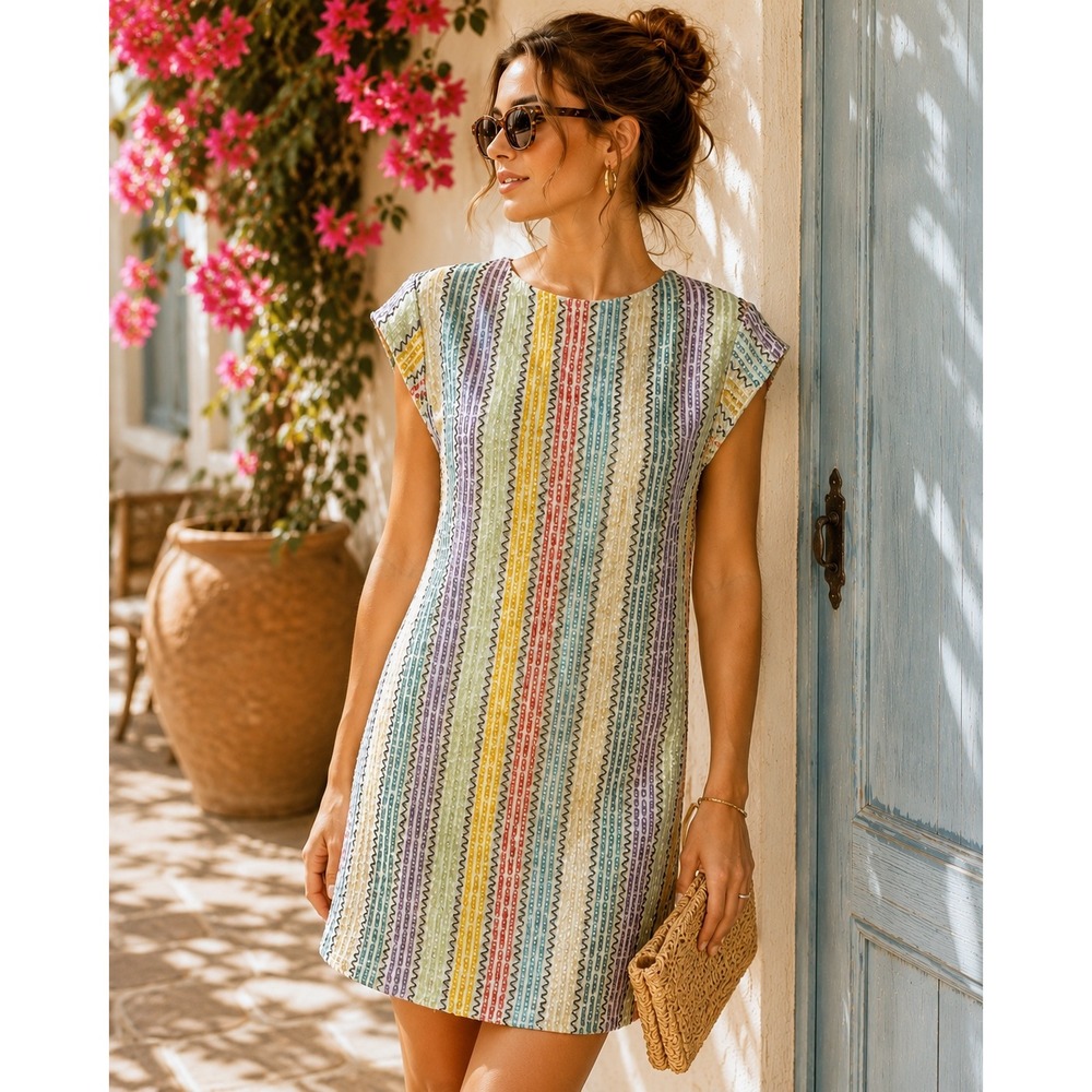 Julie Brown NYC Allora Candy Stripe Sequin Rainbow Shift Mini Dress Size 2 NEW